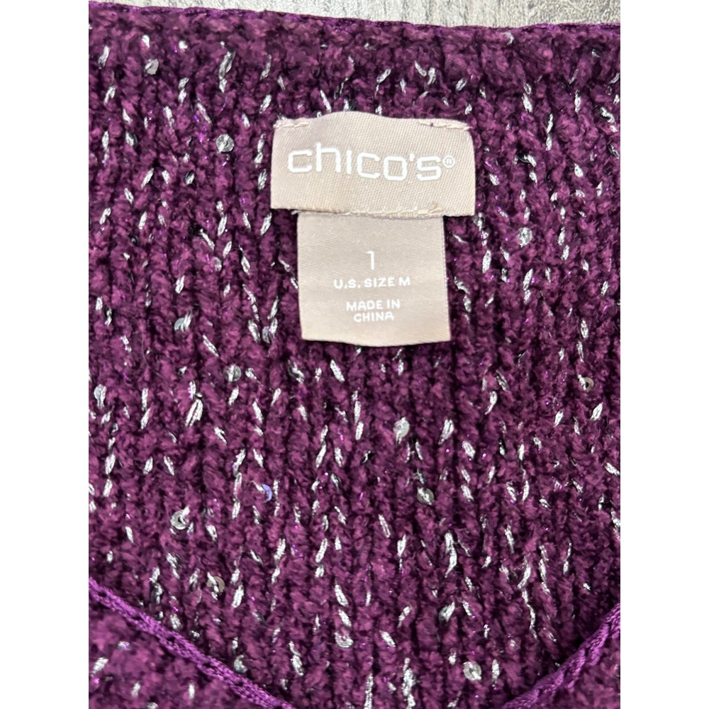 Chicos Purple Sequin Metallic V-Neck Sweater Size 1 M Eggplant Sparkle Knit